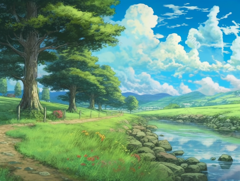 小溪河畔大树小路春季夏季草坪草地户外郊游蓝天白云美景插画,插画/手绘图,插画/手绘图库,插画/手绘图下载,插画/手绘